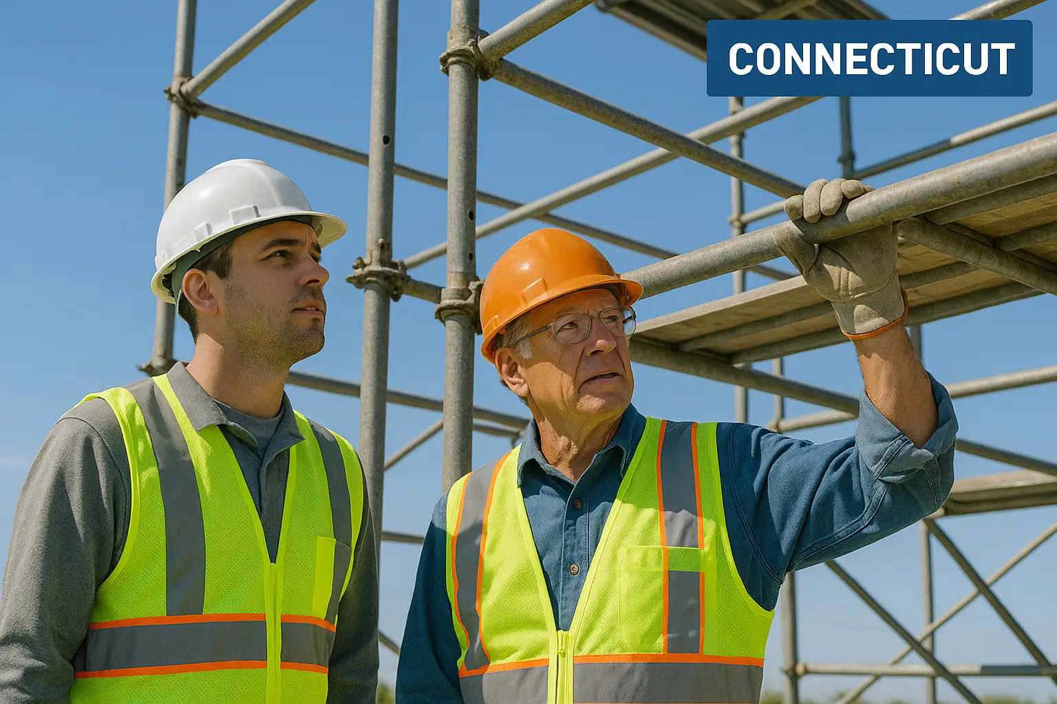 Construction workers following OSHA safety guidelines in Connecticut.