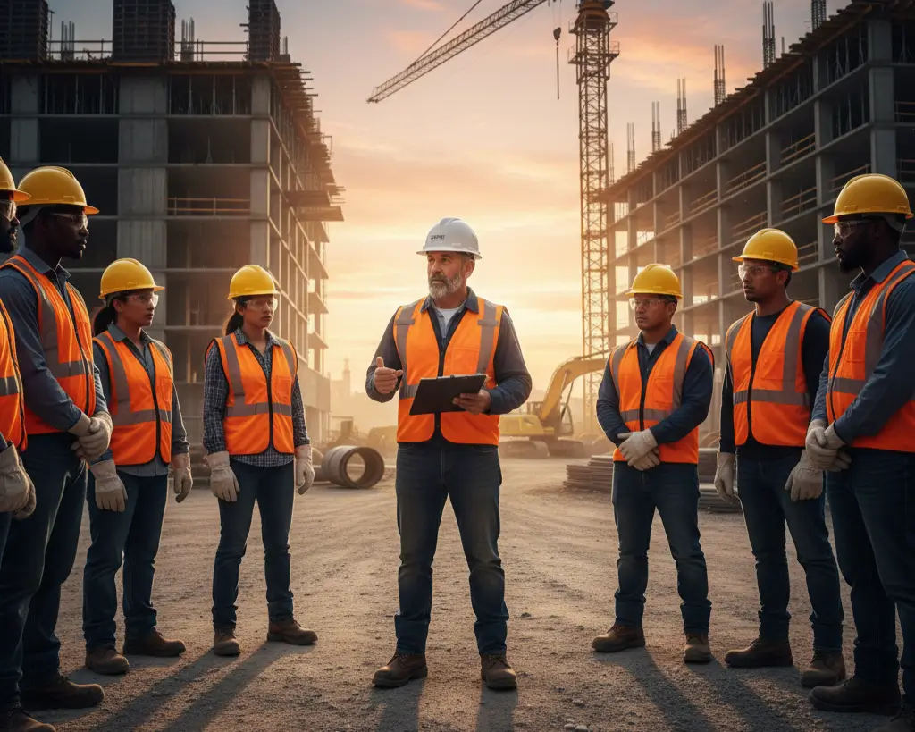 Supervisor leading a construction safety briefing with workers in PPE.