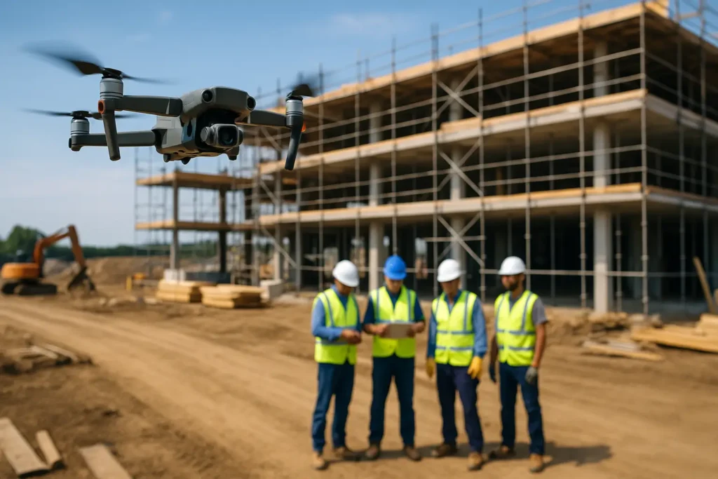 Drone inspecting a construction site to improve worker safety compliance.