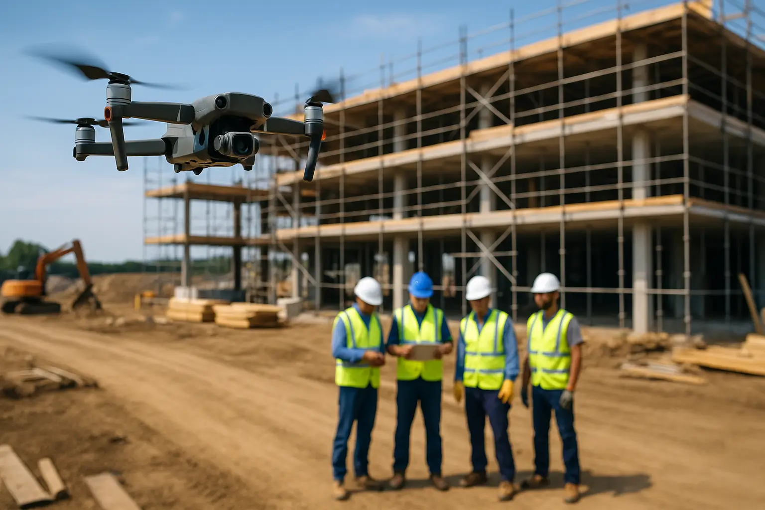 Drone inspecting a construction site to improve worker safety compliance.