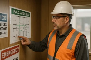 Safety manager reviewing an emergency response plan and site map.