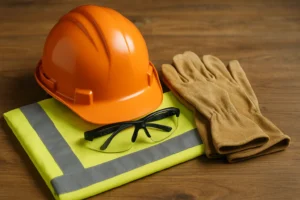 Worker wearing hard hat, safety glasses, gloves, and high-visibility vest on site.