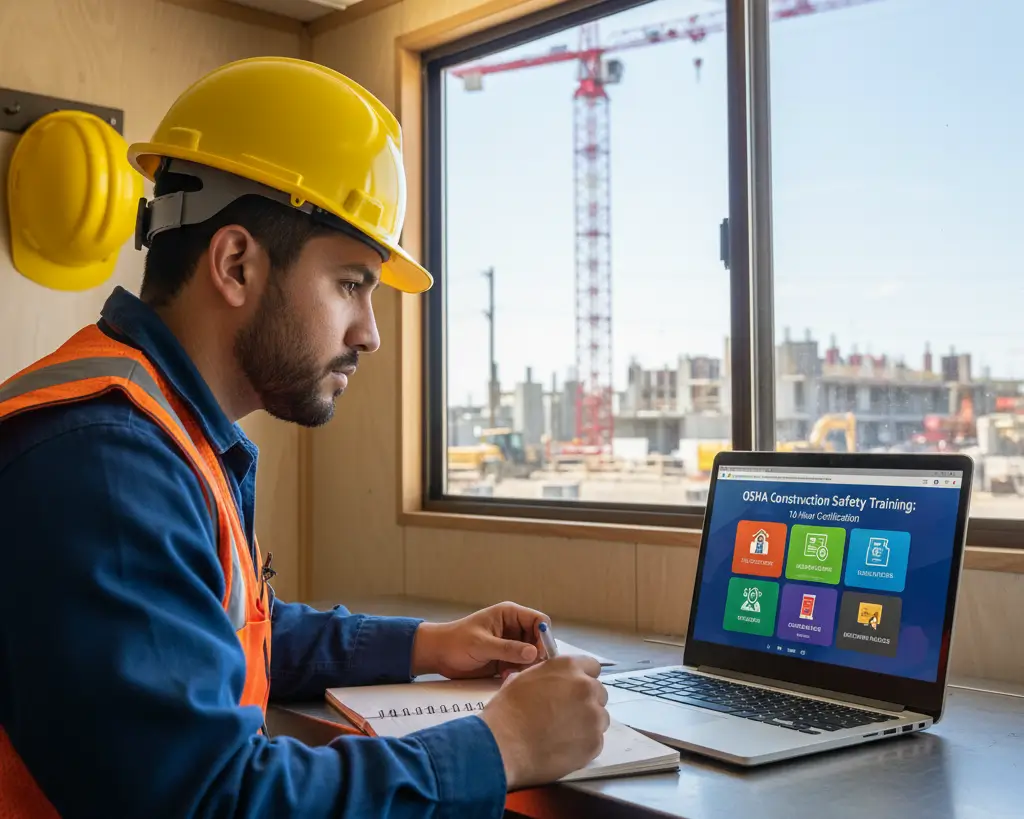Worker learning OSHA construction safety online