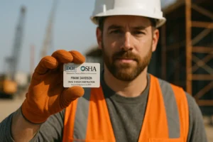 OSHA-certified worker holding DOL card