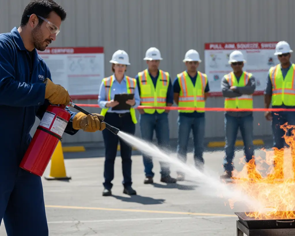 Worker using a fire extinguisher during OSHA fire safety training.