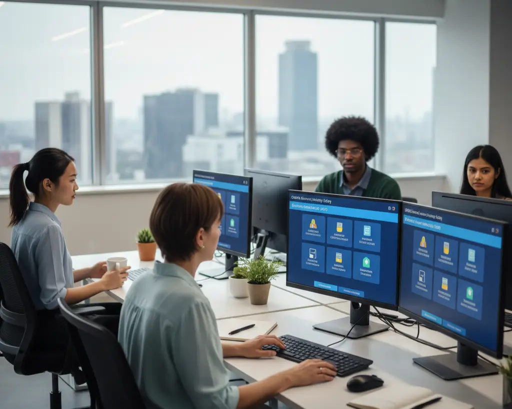 Employees attending OSHA general industry safety training online.