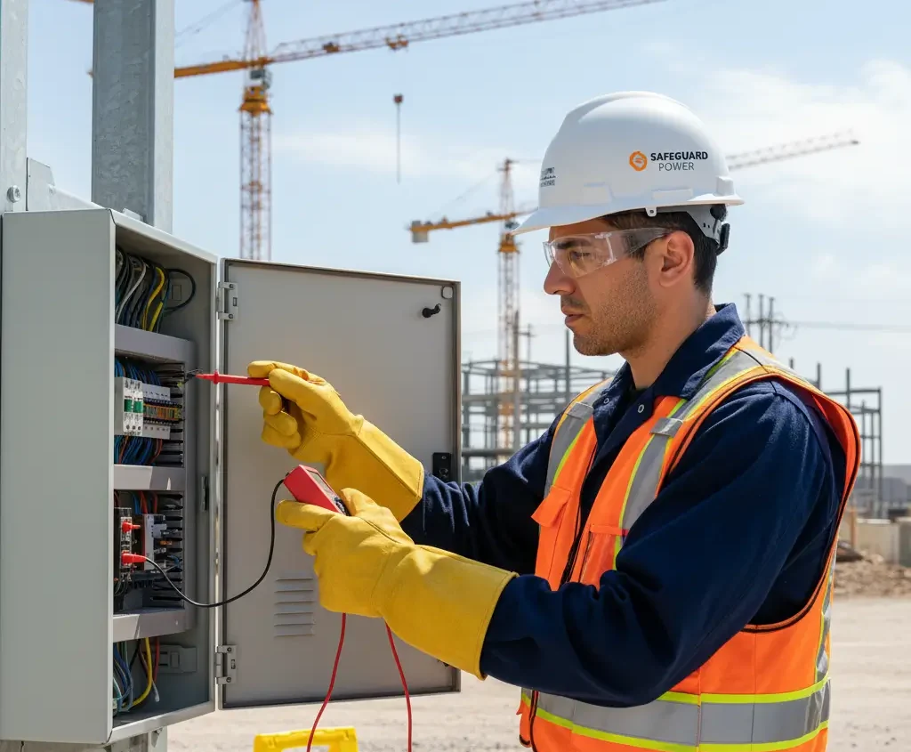 Construction worker wearing PPE inspecting electrical equipment on a construction site with visible power lines and safety signs