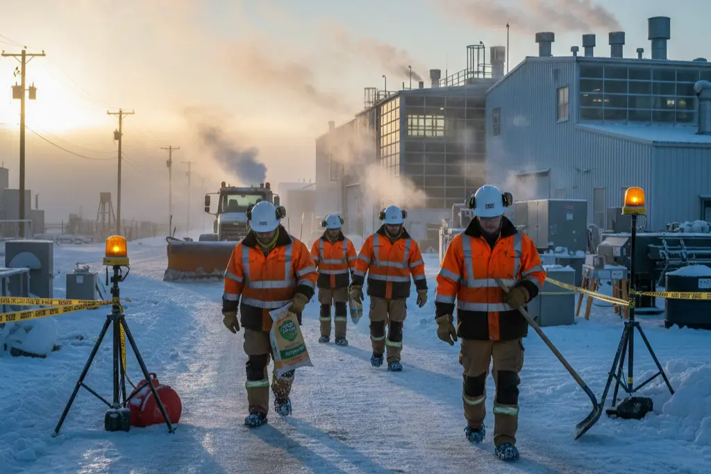 Workers following December OSHA safety practices in winter conditions.
