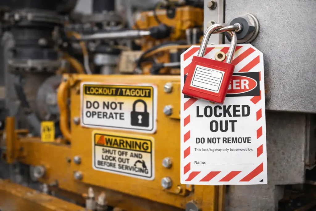 OSHA lockout tagout procedure applied to industrial machinery.