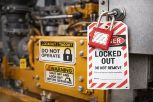 OSHA lockout tagout procedure applied to industrial machinery.