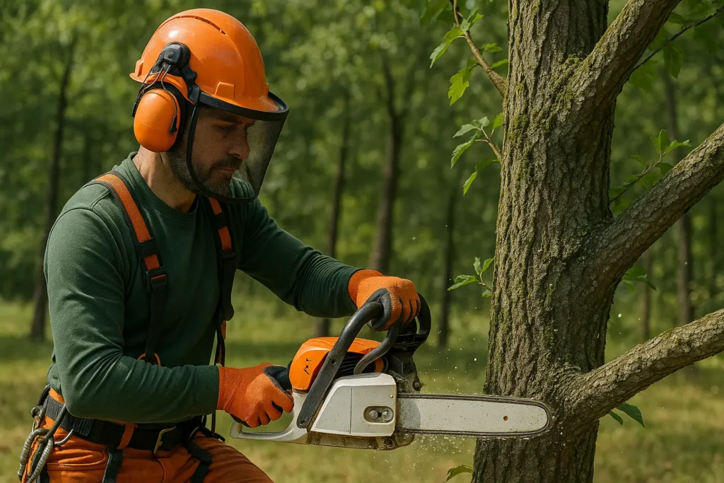 Arborist trimming tree using OSHA-compliant PPE.
