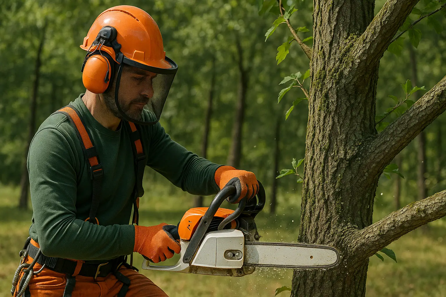 Arborist trimming tree using OSHA-compliant PPE.