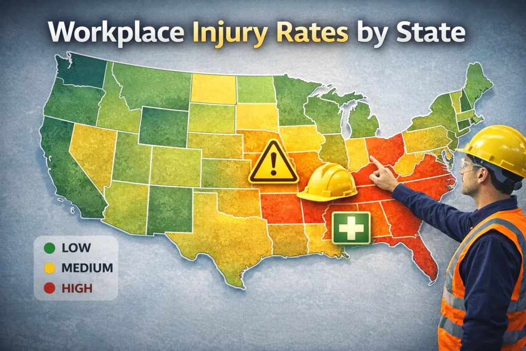 Map showing workplace injury rates by state in the US
