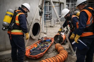 Confined space rescue team preparing for emergency response