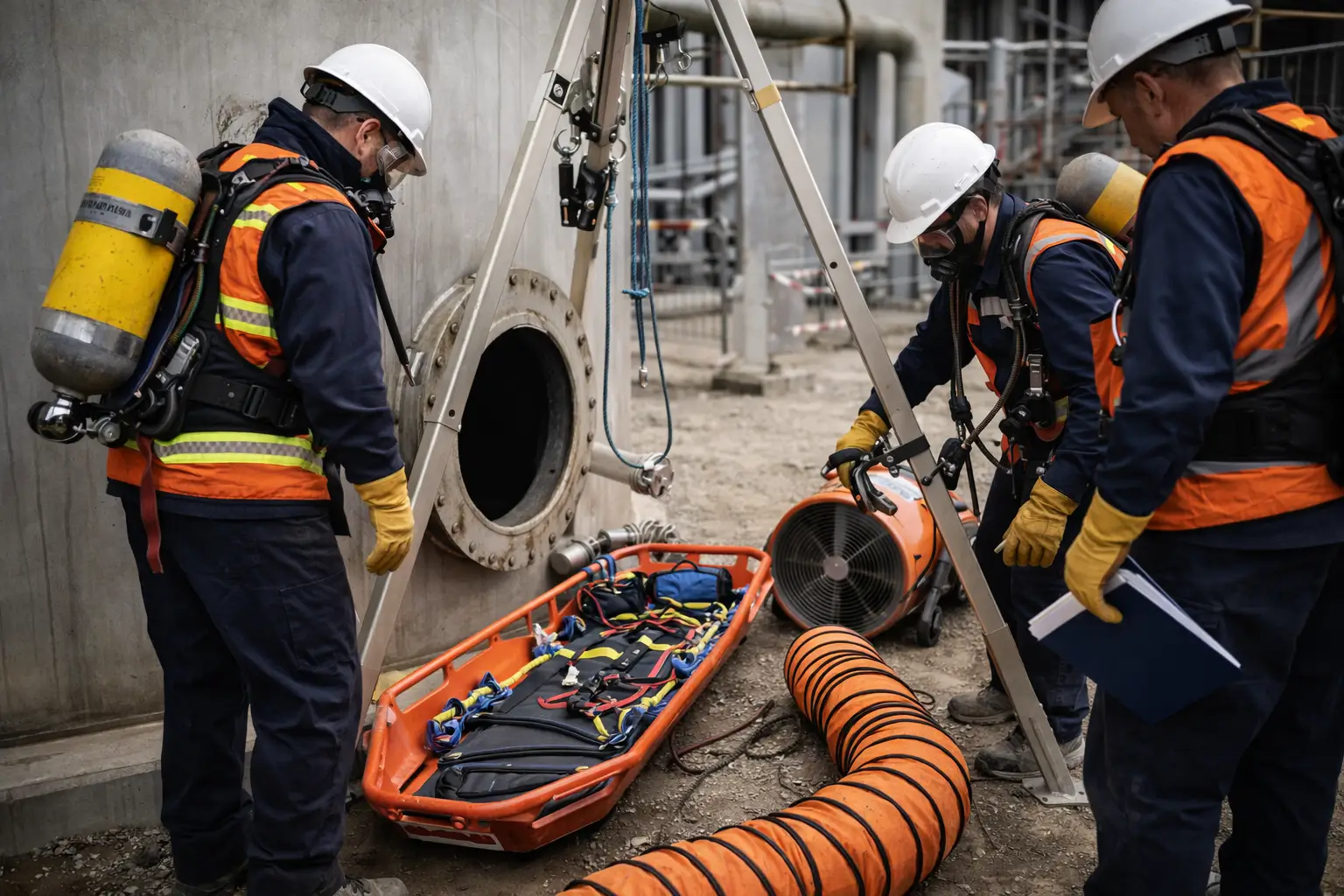 Confined space rescue team preparing for emergency response