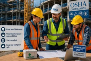 Employer reviewing OSHA compliance requirements and workplace safety responsibilities
