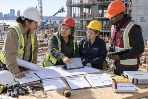 Construction project manager coordinating jobsite safety planning with supervisors and contractors