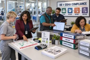 HR and safety professionals coordinating employee training, OSHA records, incident reporting, and inspection preparation