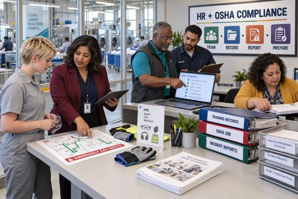 HR and safety professionals coordinating employee training, OSHA records, incident reporting, and inspection preparation